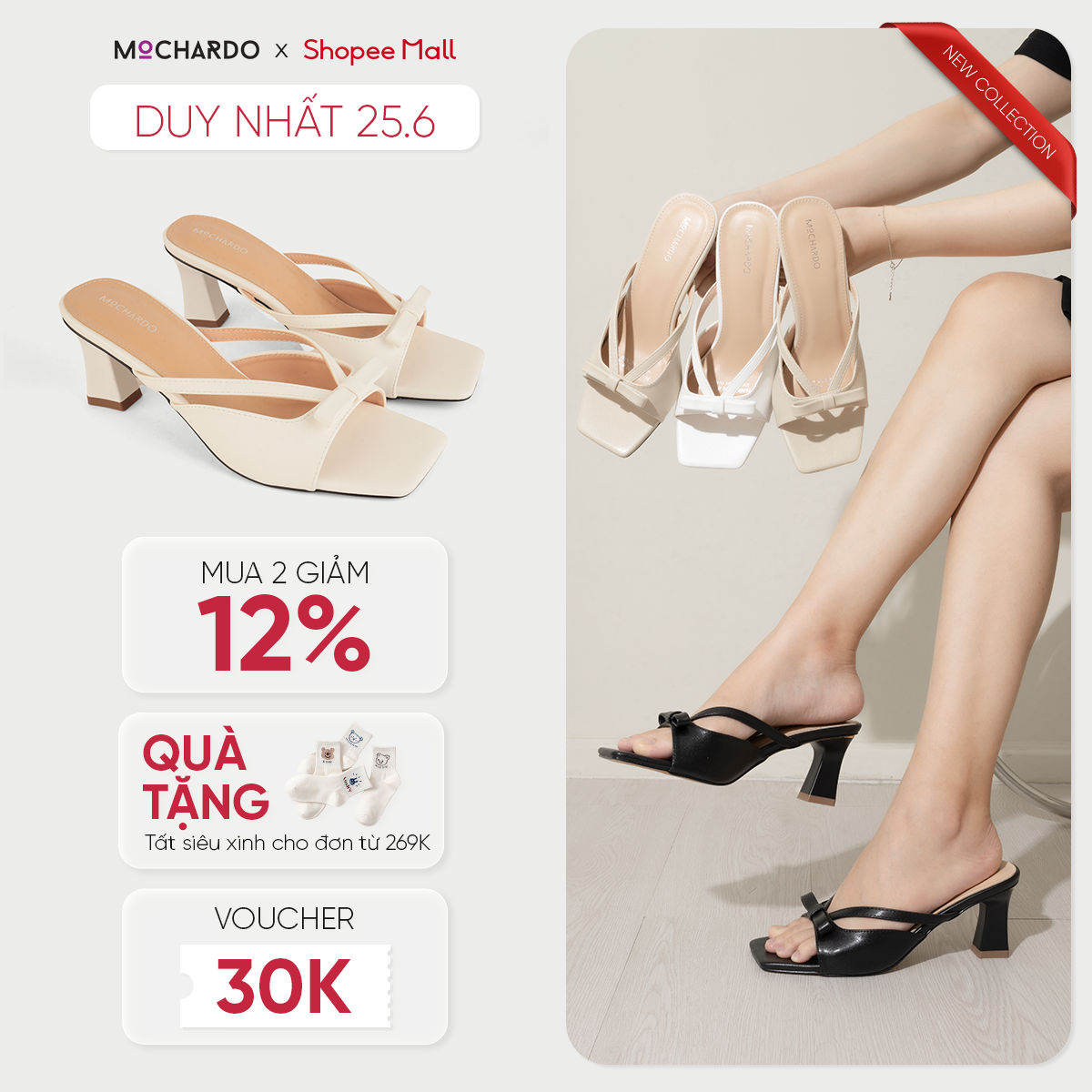 Dép Cao Gót Nữ MOCHARDO Quai Chéo Đính Nơ Cách Điệu 6cm MC.308